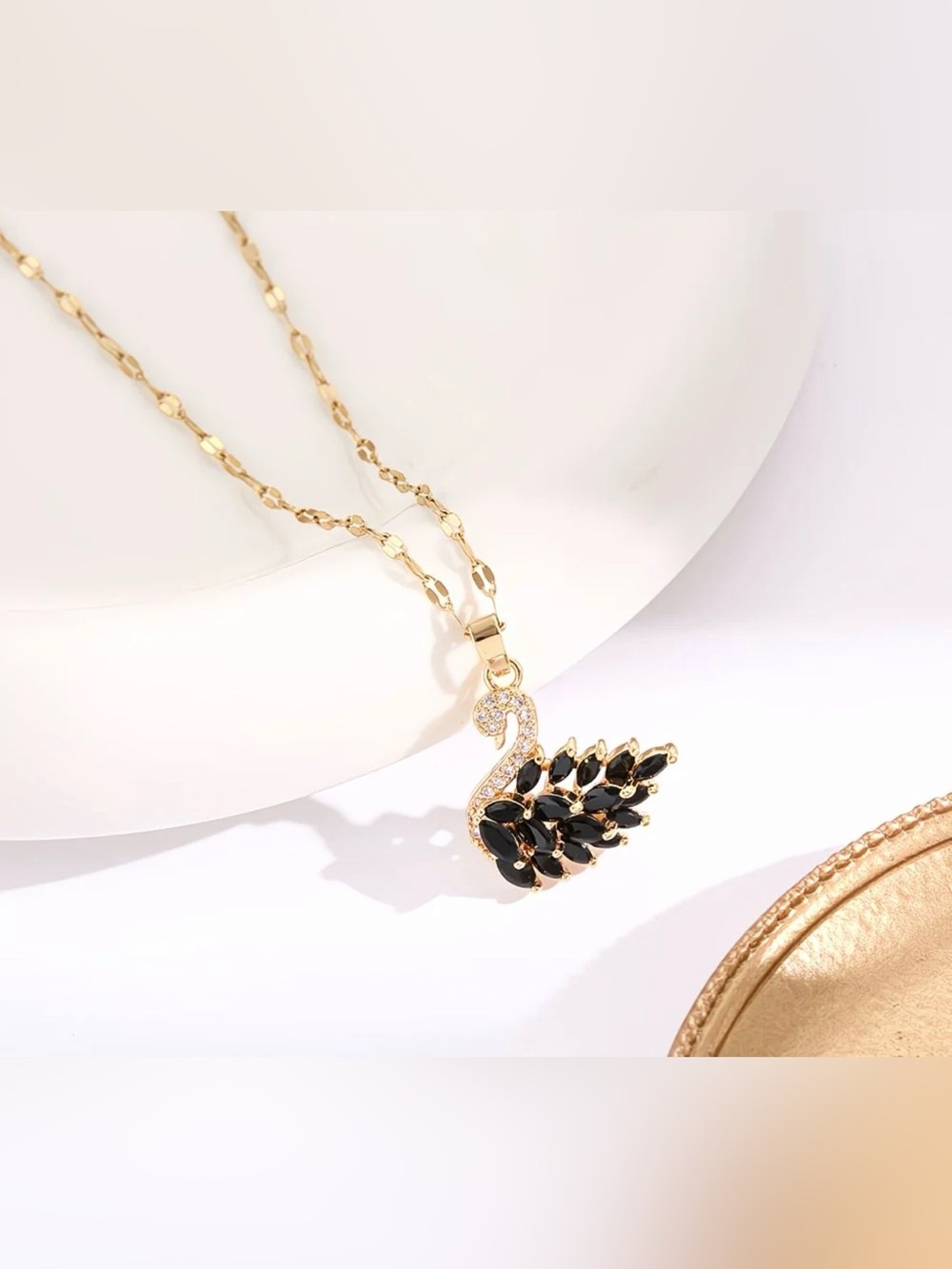 Swarovski Gold Swan Necklace with Black and Clear Crystals